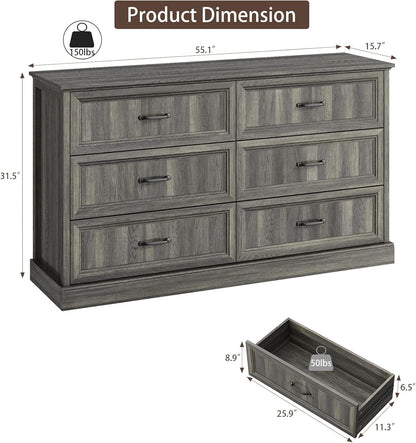 Farmhouse 6 Drawer Dresser for Bedroom, 55 Inch Wide Modern Grey Dresser TV Stand with Large