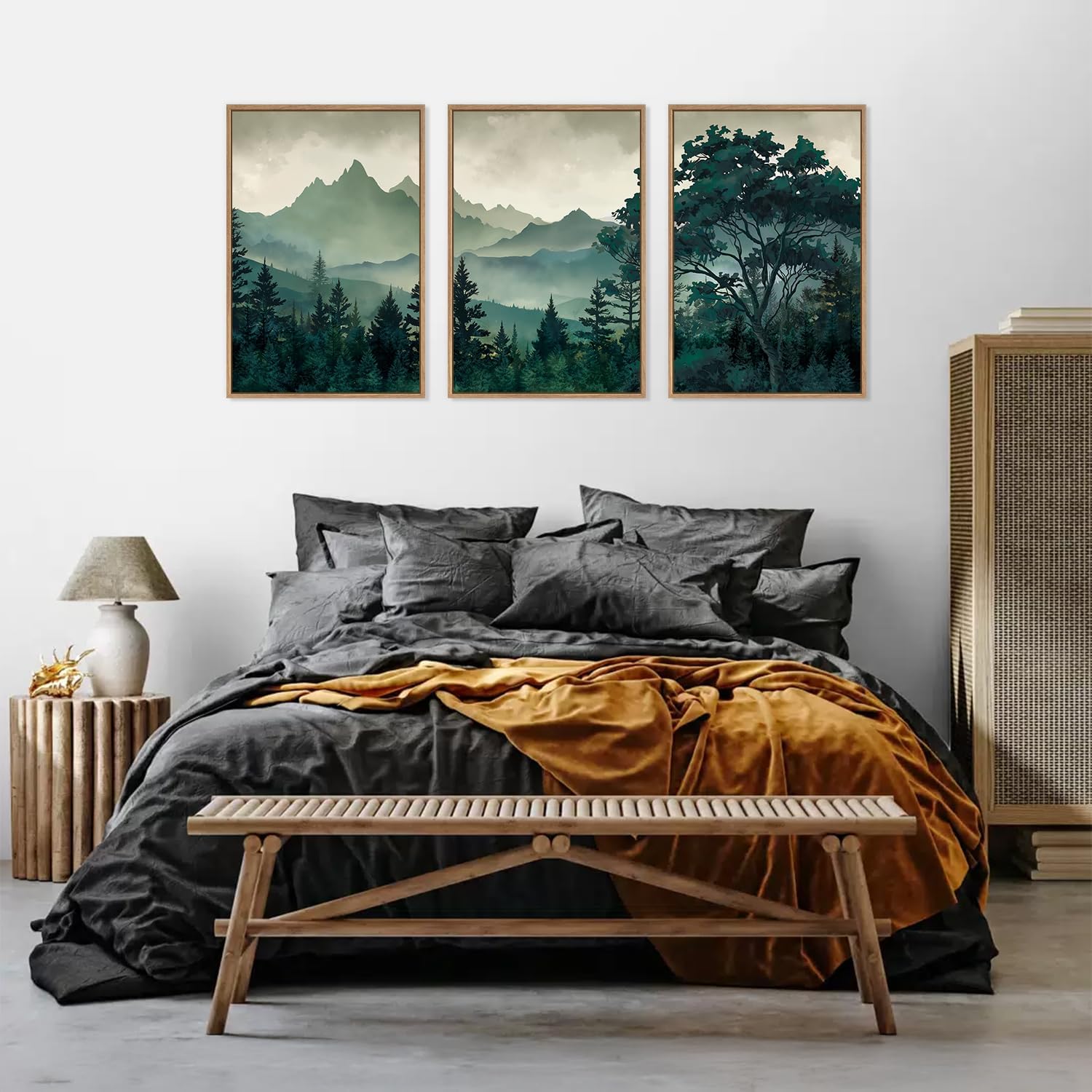 HLNIUC Green Foggy Forest Framed Canvas Wall Art Set,Watercolor Boho Pine Tree Wall Decor,Modern