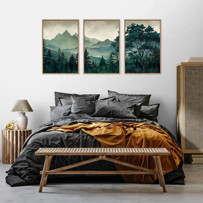 HLNIUC Green Foggy Forest Framed Canvas Wall Art Set,Watercolor Boho Pine Tree Wall Decor,Modern