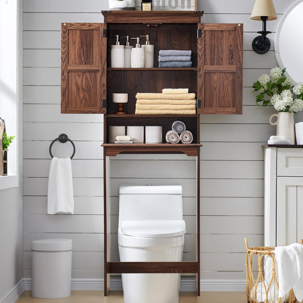 Over The Toilet Storage Cabinet, Farmhouse Bathroom Cabinet with Adjustable Shelf & Barn Door, 67"