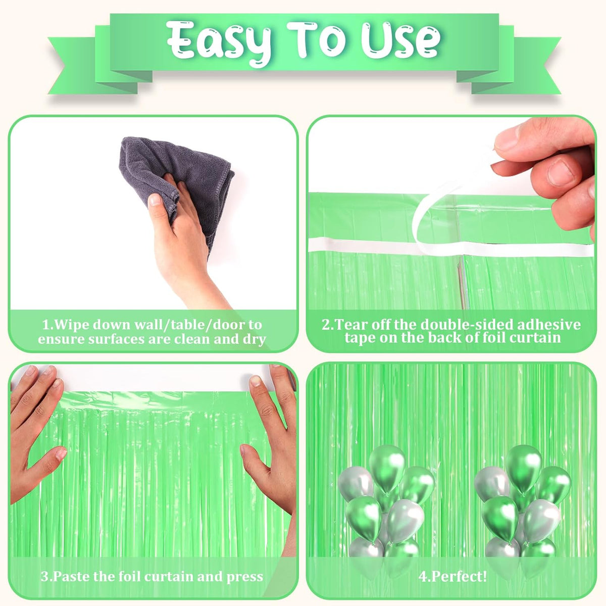 3 Pack 3.3 x 8.2 ft Pastel Green Foil Fringe Backdrop Curtains, Tinsel Streamers Party Decorations