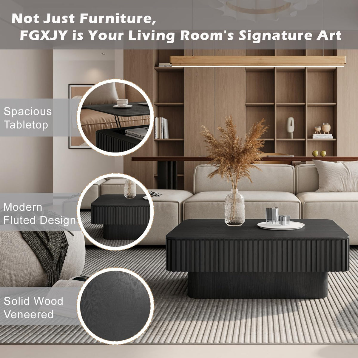 Lift Top Coffee Table with Storage, Solid Wood Coffee Table with Adjustable Height, Fluted Center