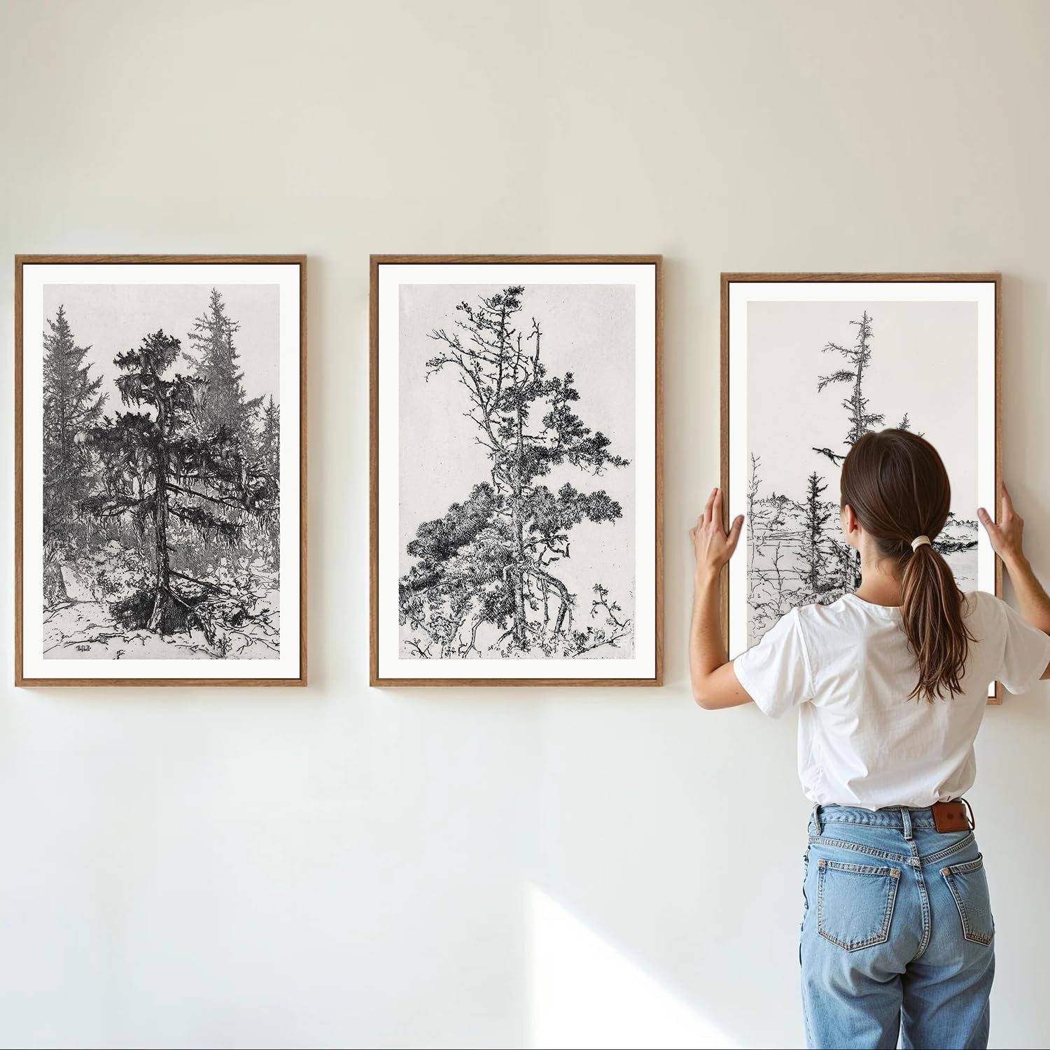 SIGNINART Vintage Tree Framed Wall Art Set , Black and White Antique Sketchbook Forest Painting