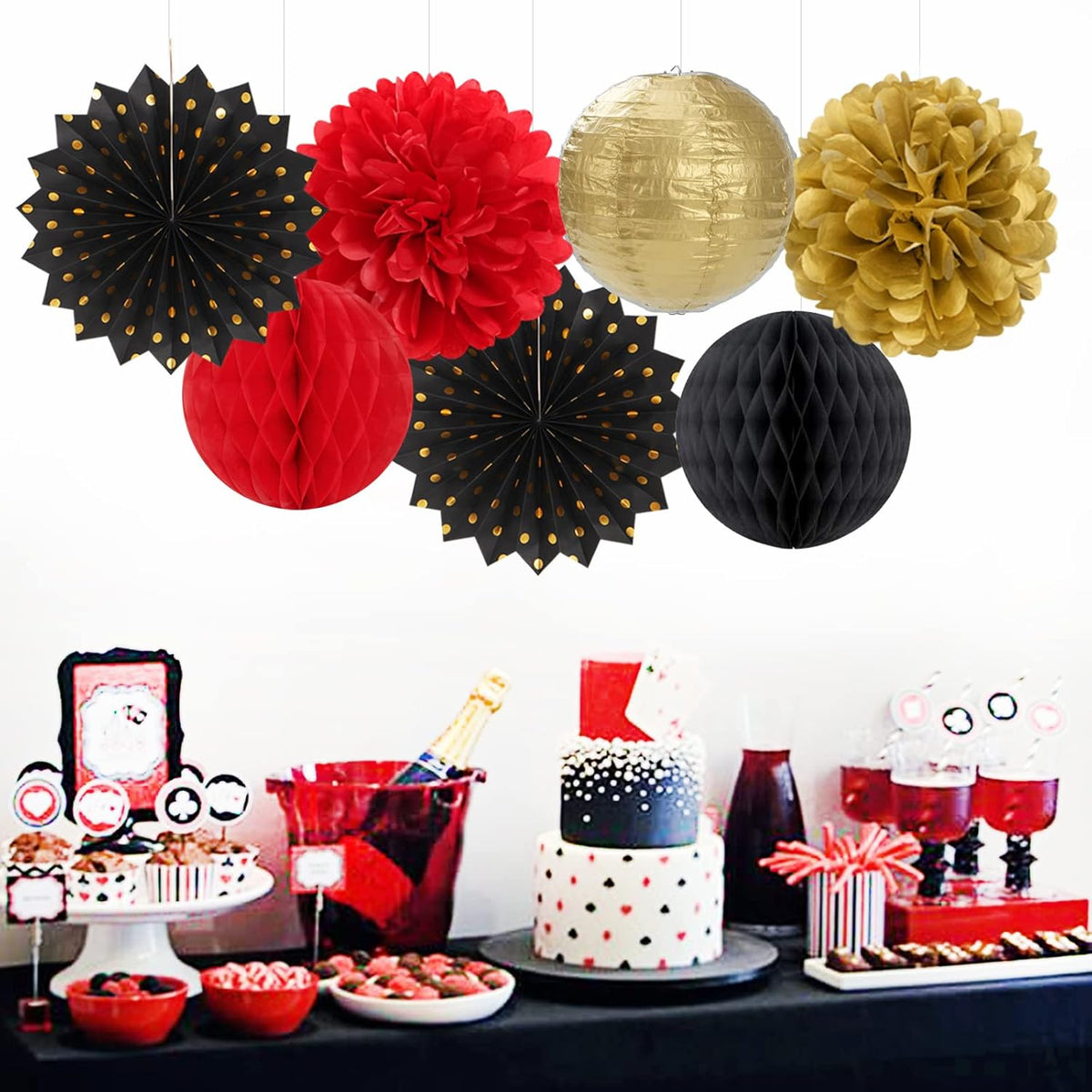 Red-Black Gold Party Decorations Streamers Lanterns - 14pcs Casino-Theme Graduation 2025 Paper