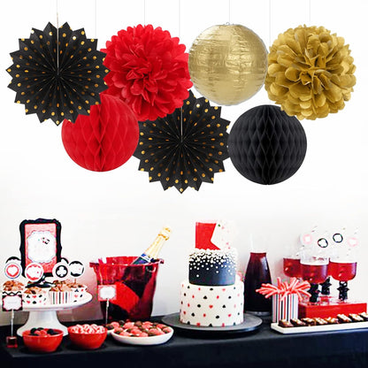 Red-Black Gold Party Decorations Streamers Lanterns - 14pcs Casino-Theme Graduation 2025 Paper