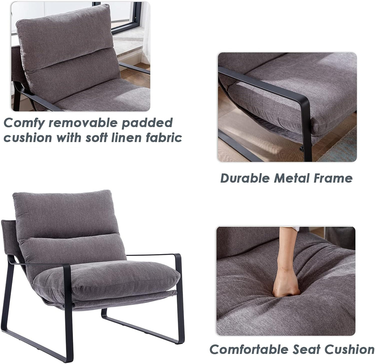 DUOMAY Modern Accent Arm Chair, Comfy Linen Lounge Lazy Chair with Metal Leg, Mid-Century Corner
