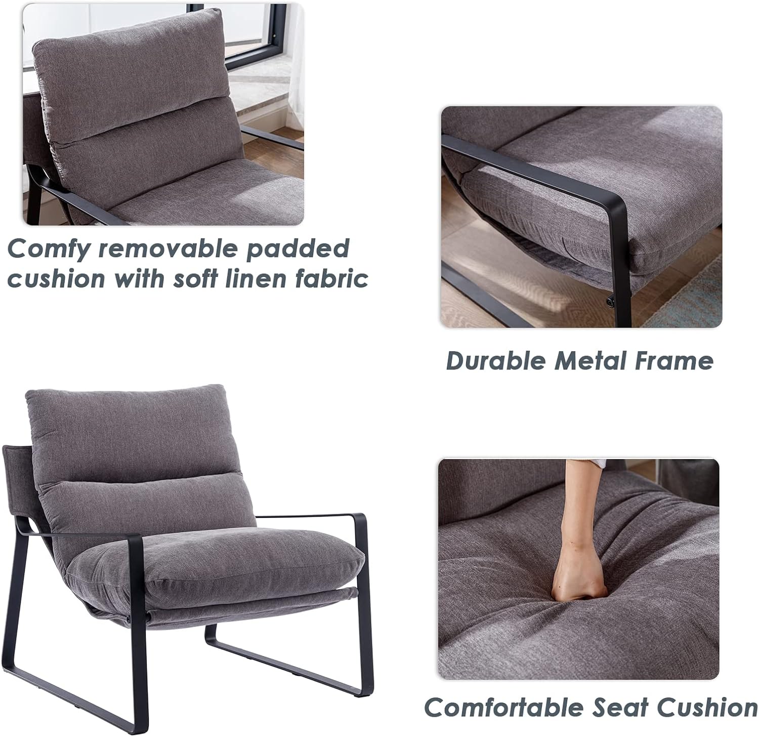 DUOMAY Modern Accent Arm Chair Set of 2, Comfy Linen Lounge Lazy Chair with Metal Leg, Mid-Century