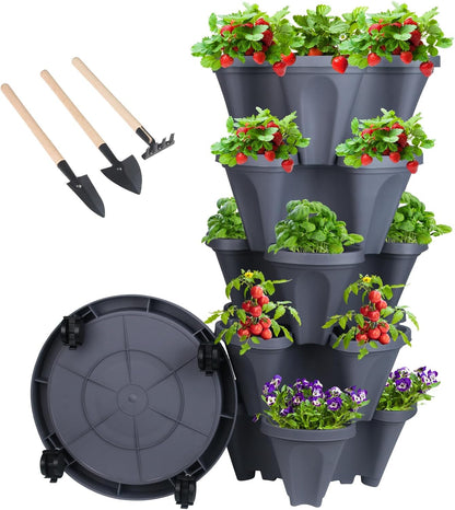 DUNCHATY Stackable Planter, Vertical Garden Planter with Wheels and Tools, Self Watering Strawberry