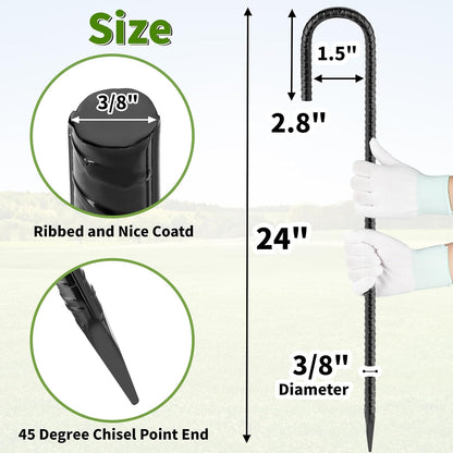 24 inches J Hook Rebar Stakes (16-Pack), Extra Long Garden Stakes with Chisel Point End Steel Rebar