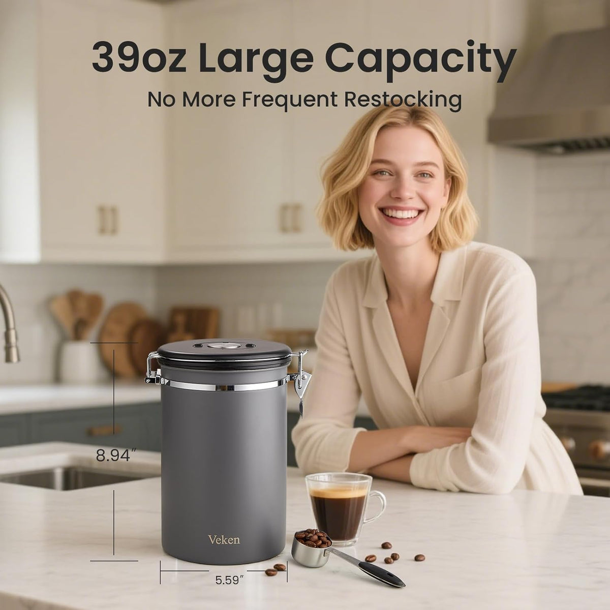 Veken Coffee Canister, 39OZ Large, Airtight Stainless Steel Food Storage Container for 2.2lbs