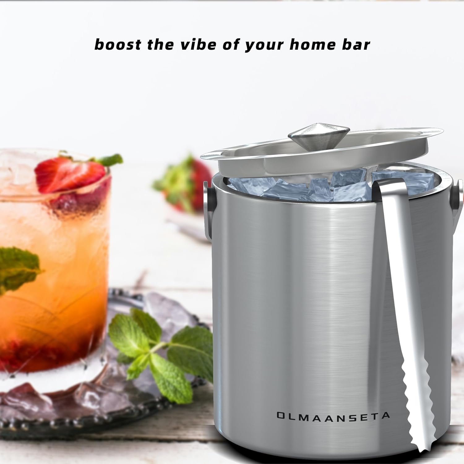 Small Ice Bucket with Lid and Tongs,1.3L Portable Mini Double Walled Ice Cube Bucket for Cocktail