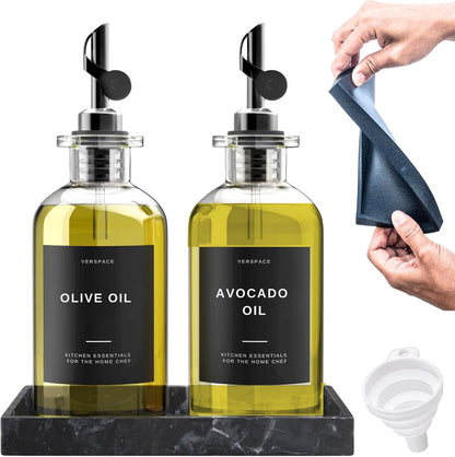 Olive Oil Dispenser Bottle For Kitchen With Silicone Tray & 40 Labels, Soy Sauce Dispenser, Coffee
