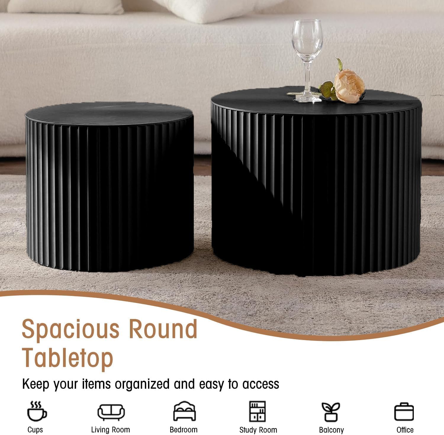 Round Coffee Table Set of 2, Nesting Coffee Table and End Table Set Small Circle Drum Side Table