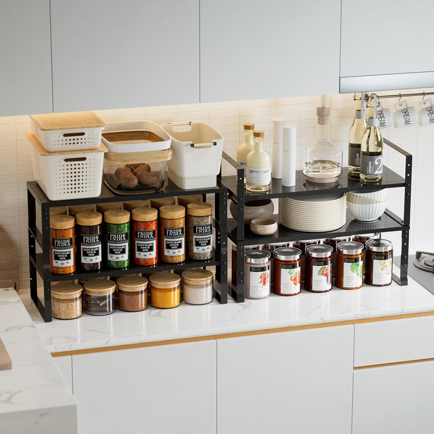 Expandable,Stackable Spice Rack,Seasoning Organizer and Storage,Spices Jar Racks for