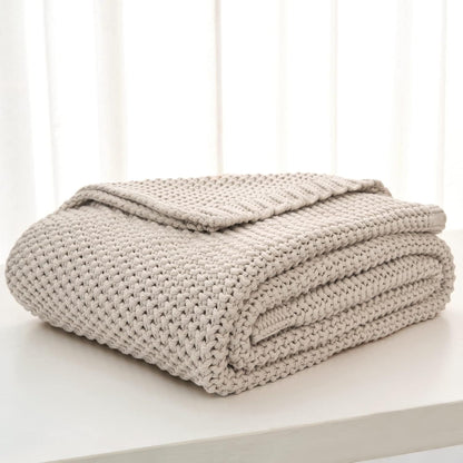 Longhui bedding Chunky Cable Knit Throw Blanket Lightweight Beige 100% Organic Cotton Blanket for