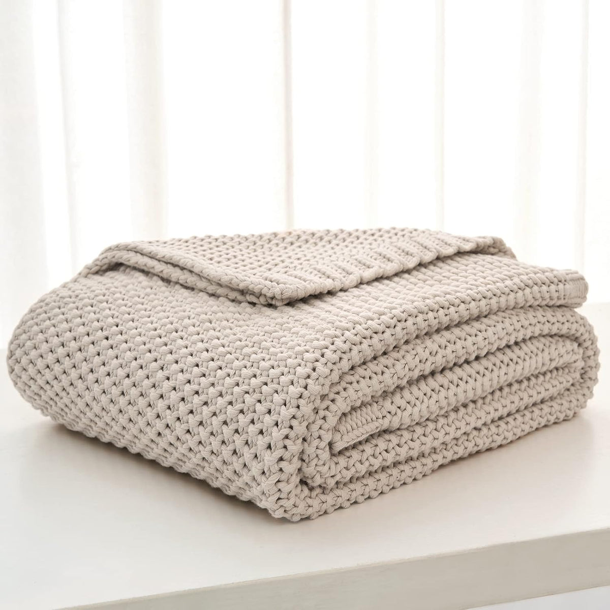 Longhui bedding Chunky Cable Knit Throw Blanket Lightweight Beige 100% Organic Cotton Blanket for