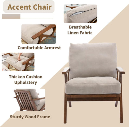 HNY Mid Century Chair, Faux Leather Upholstered Accent Armchair with Wood Frame and Canvas