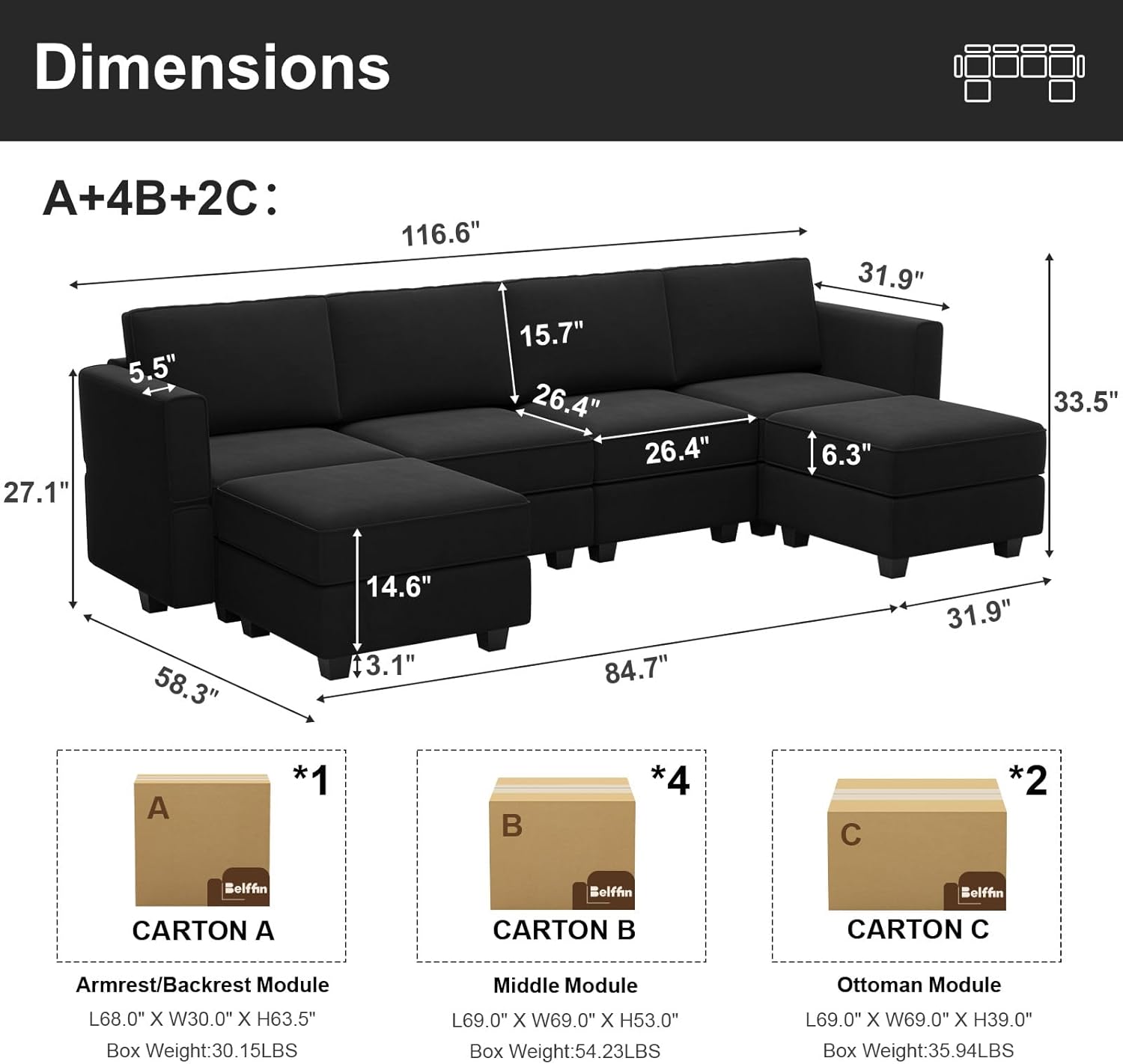 Belffin Modular Sectional Sofa with Reversible Chaises Velvet U Shaped Sectional Couch with Storage