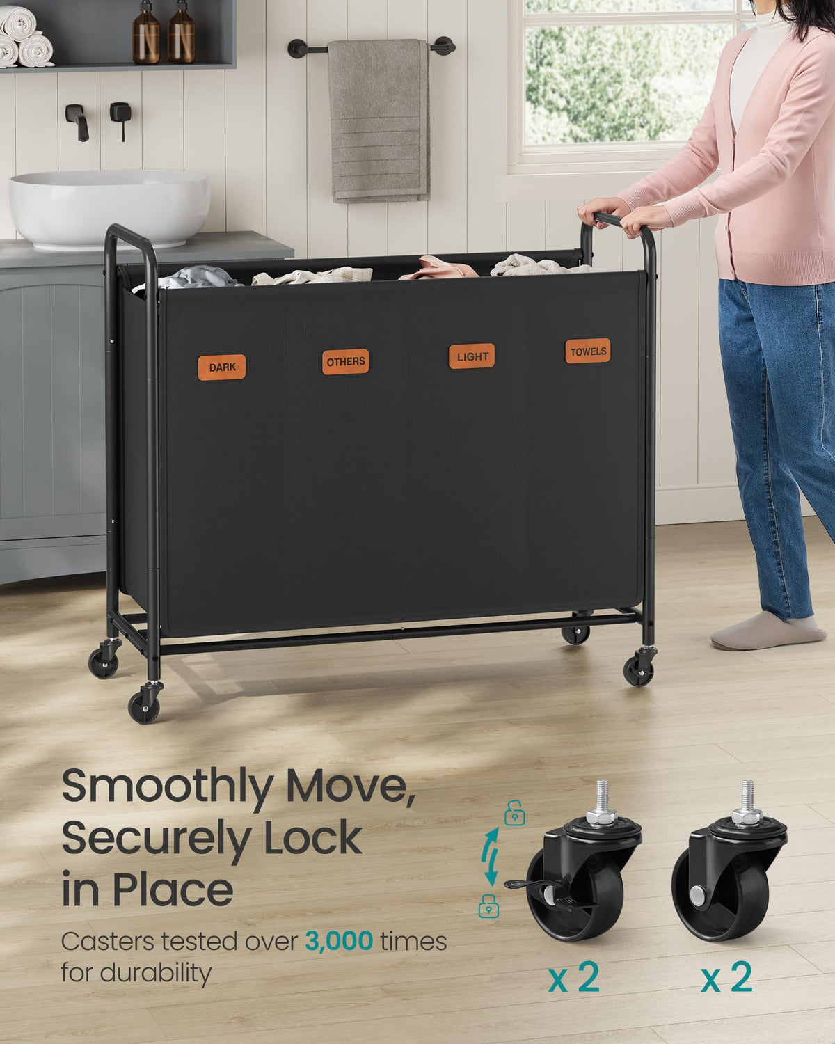 SONGMICS 4-Section Laundry Sorter, Laundry Hamper with Wheels, Rolling Clothes Hamper Cart with