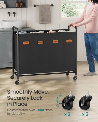 SONGMICS 4-Section Laundry Sorter, Laundry Hamper with Wheels, Rolling Clothes Hamper Cart with
