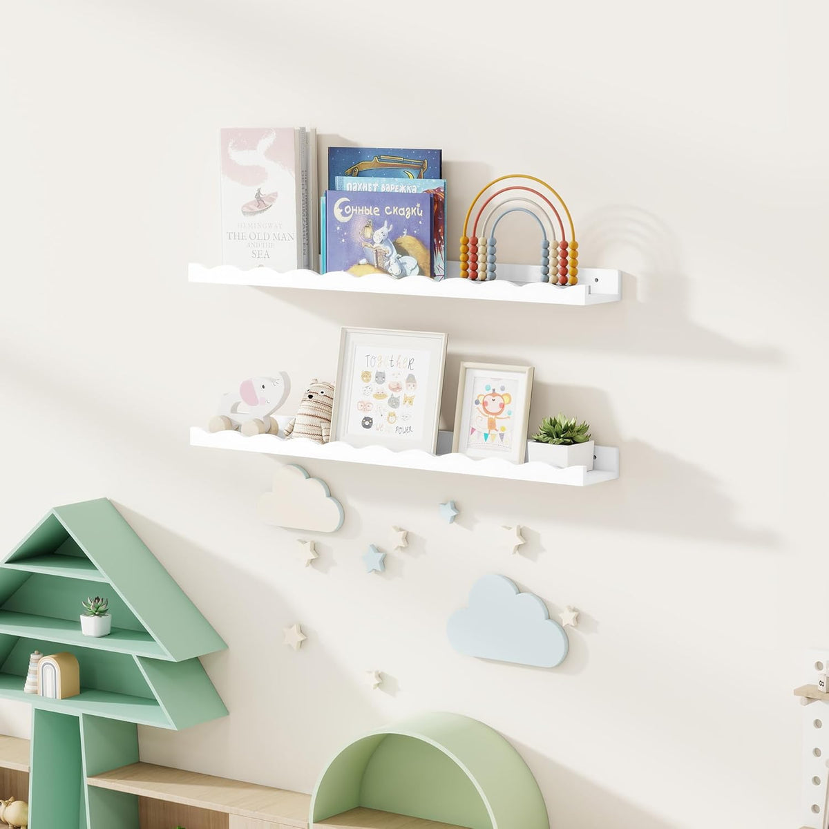 Fun Memories Picture Ledge Shelf for Wall, 36 inch Pine Wood Nursery Book Shelves Set of 2- Wall