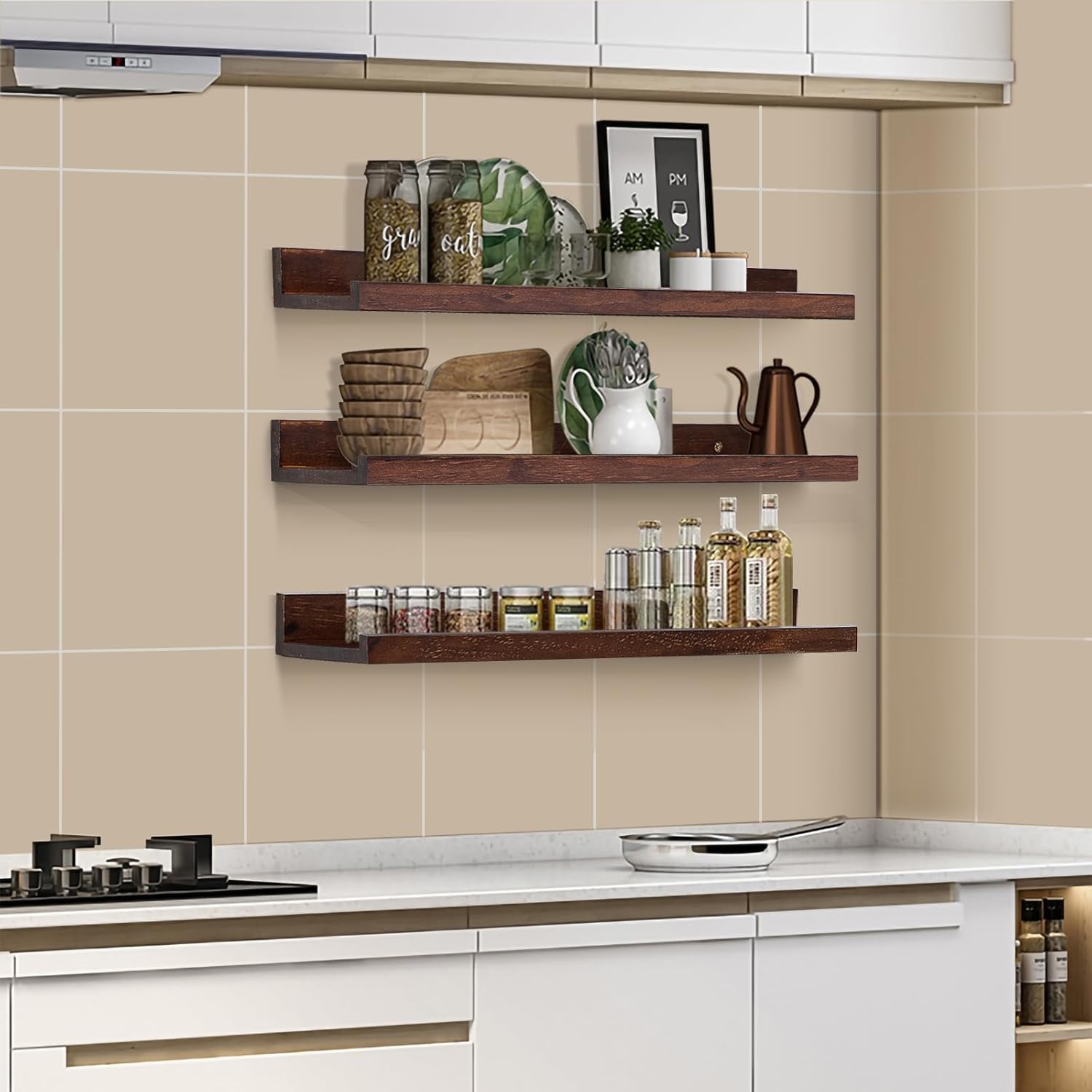 AZSKY Walnut Floating Shelves 24 Inch Picture Ledge Shelf for Wall Photo Shelves with Lip for