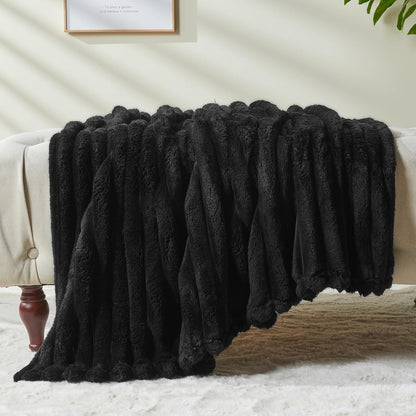 NEWCOSPLAY Super Soft Throw Blanket Black Premium Silky Flannel Fleece 3D Ribbed Jacquard