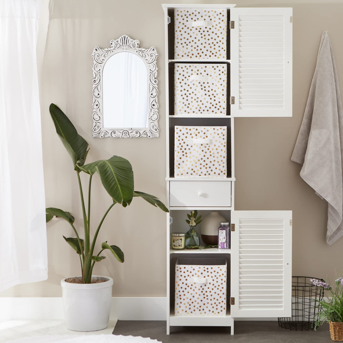 DII Woven Polyester Storage Bin, Polka Dot, White & Gold, Small Set of 4