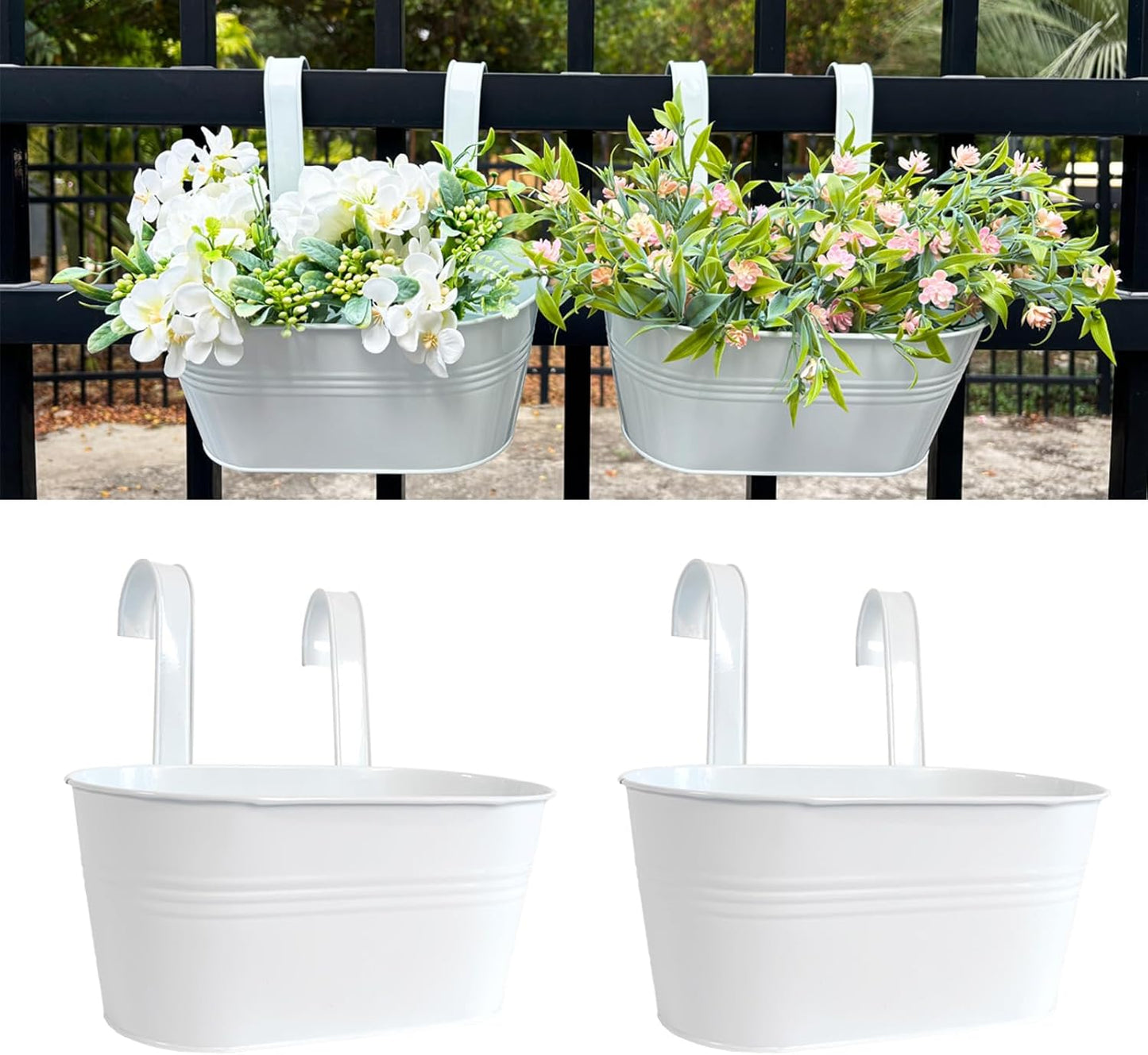 10" Hanging Flower Pots, Pack of 2 White Metal Outdoor Patio Balcony Planter, Railing Planters