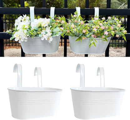 10" Hanging Flower Pots, Pack of 2 White Metal Outdoor Patio Balcony Planter, Railing Planters