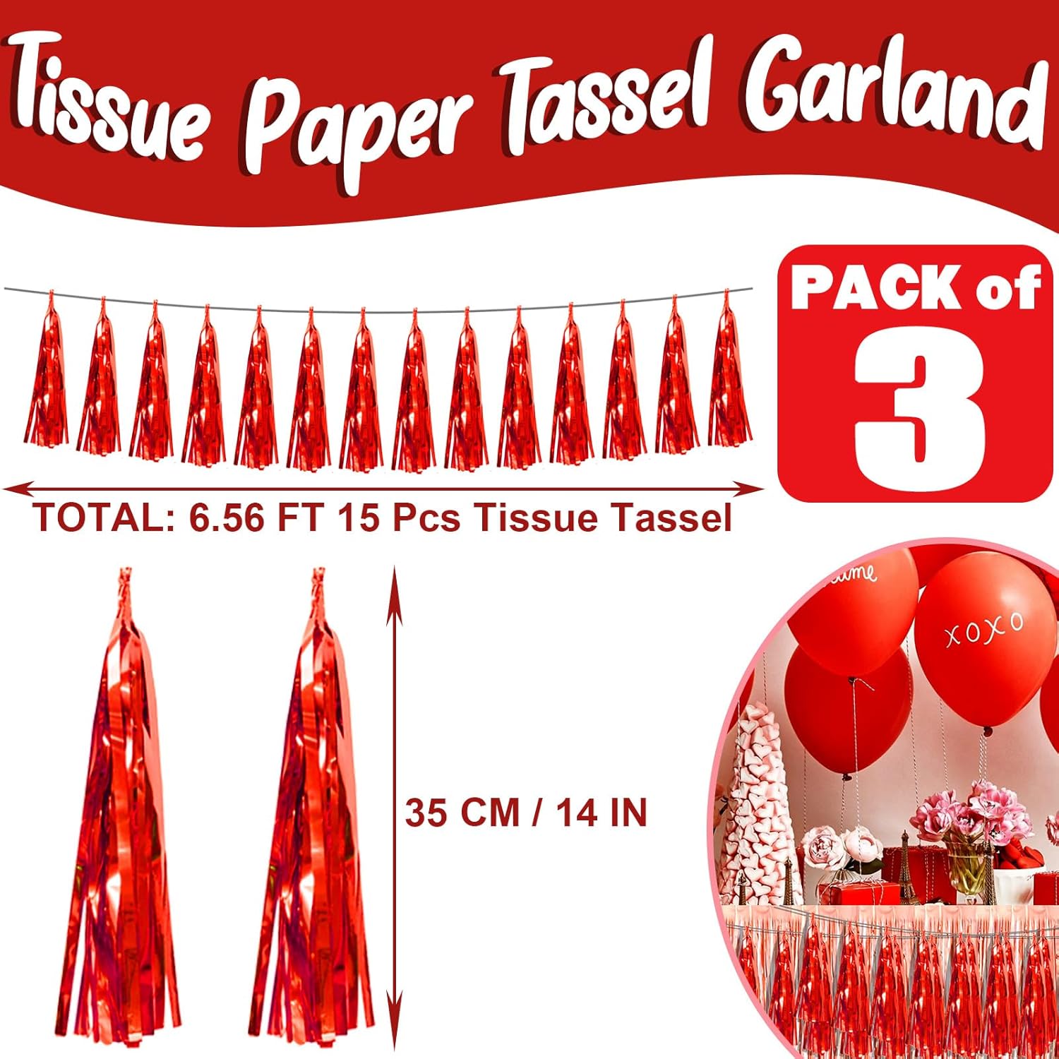 3P Red Foil Fringe Metallic Tassel Streamers Banner Tassel Garland for Parade Floats, Bachelorette