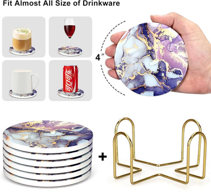 Purple Agate Coasters with Holder Drink Coaster Set of 6 Modern Marble Coasters Unique Coaster for
