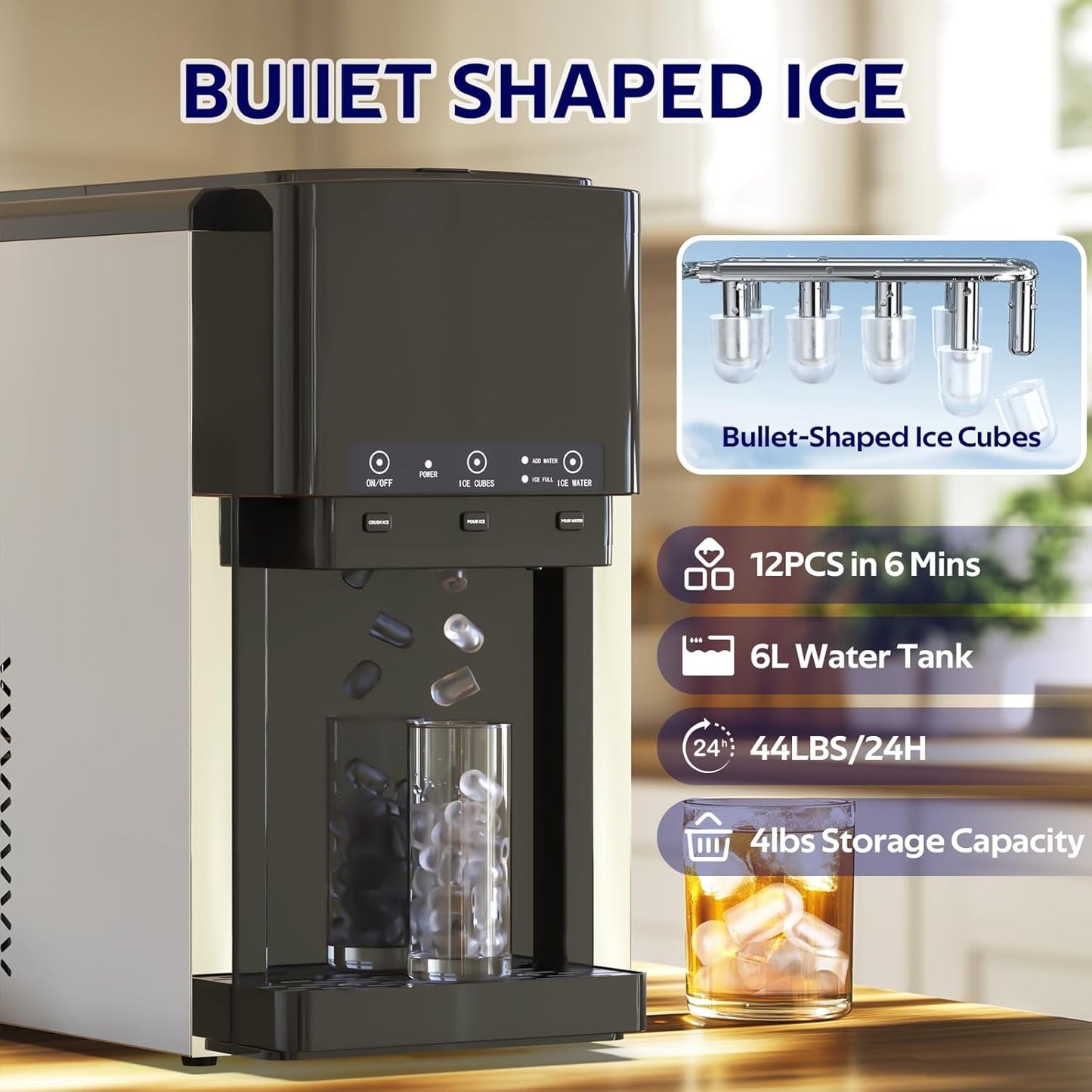3 in 1 Water Dispenser with Ice Maker, Nugget Ice Maker Countertop, Bullet Ice, Crushed Ice, Water