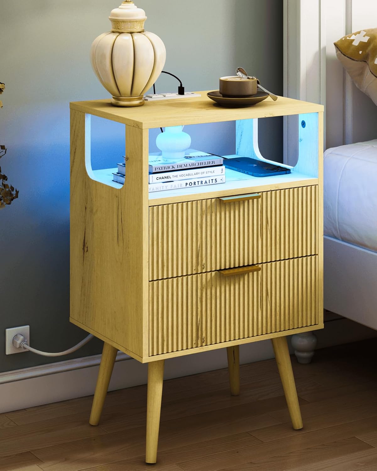Nightstand with Charging Station and LED Lights,Modern Bedside Table with 2 Storage Drawer and Open