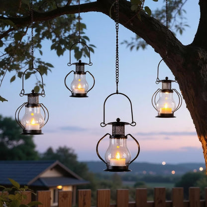 Solar Hanging Lanterns Outdoor Waterproof, Vintage Mini Metal Lantern with Flickering Solar Powered