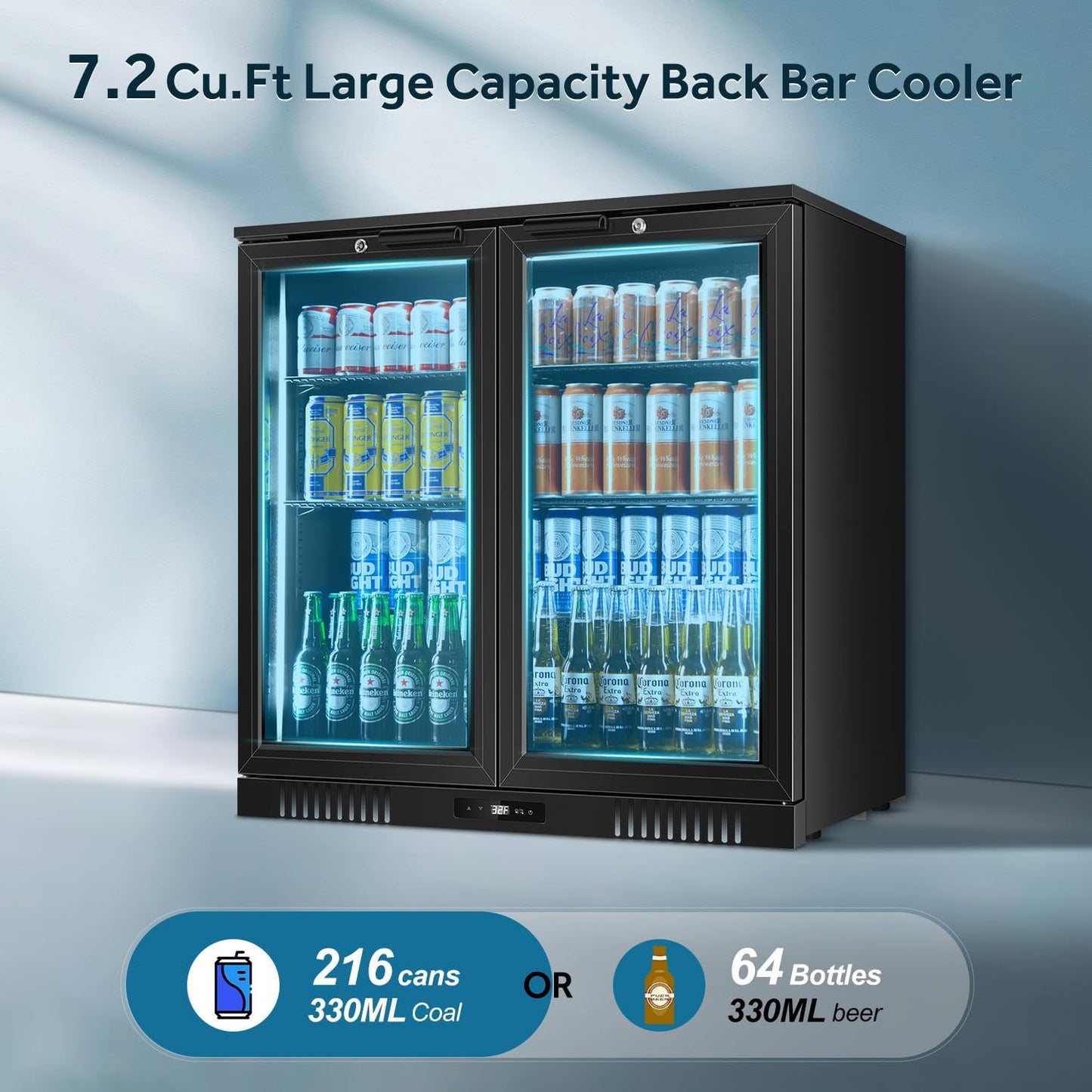 Tylza Back Bar Cooler With 2 Glass Doors, 7.2 Cu.Ft Under Counter Back Bar Refrigerator with LED