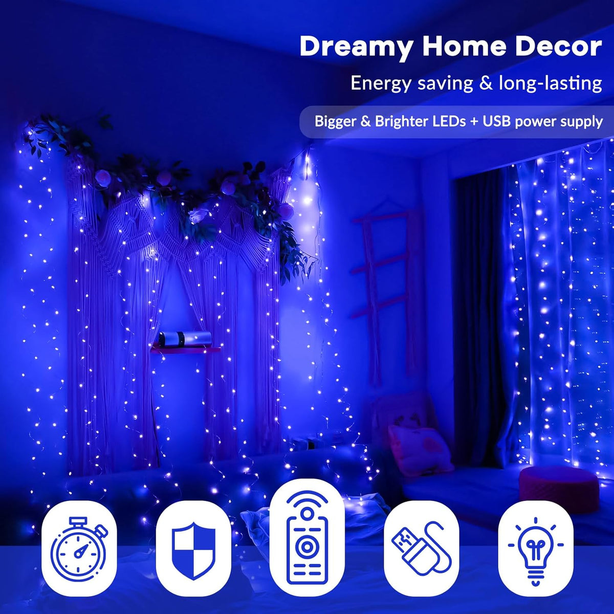 HXWEIYE 300LED Blue Fairy Curtain Lights with Remote 8 Modes Timer for Bedroom, 9.8x9.8Ft USB Plug