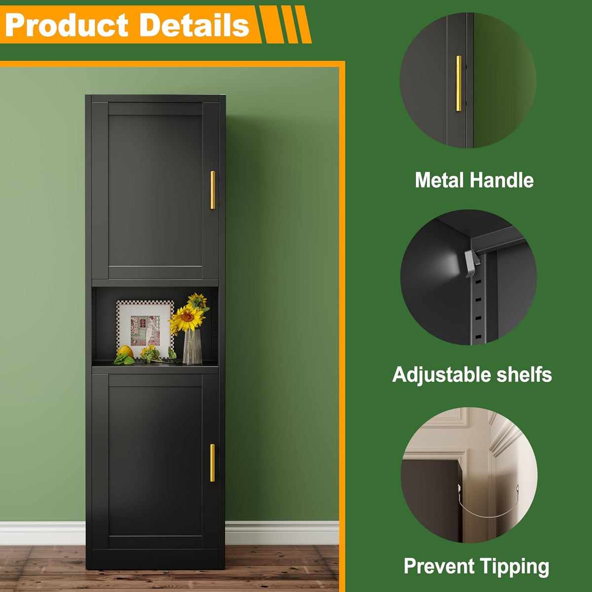 Tall Narrow Storage Cabinet 66.93" H Tall Bathroom Cabinet Metal Pantry Cabinets, 4 Adjustable