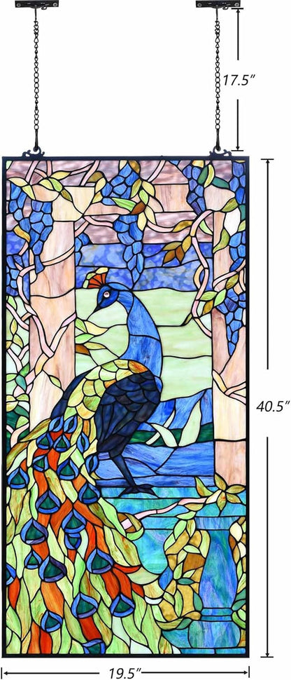 Bieye W10096 Peacock in Garden Tiffany Style Stained Glass Window Panel for Home Decor (Blue