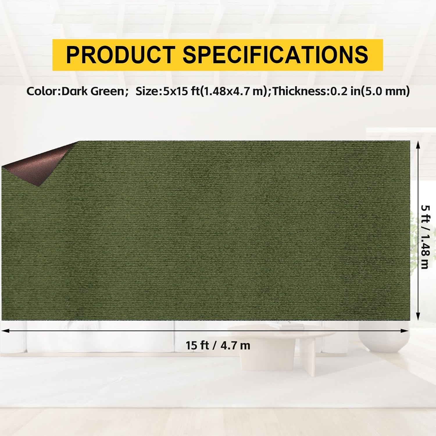 Marine Carpet,5 FT x 15 FT Olive Green Indoor Outdoor Carpet 0.2" Thick with Water-Proof TPE