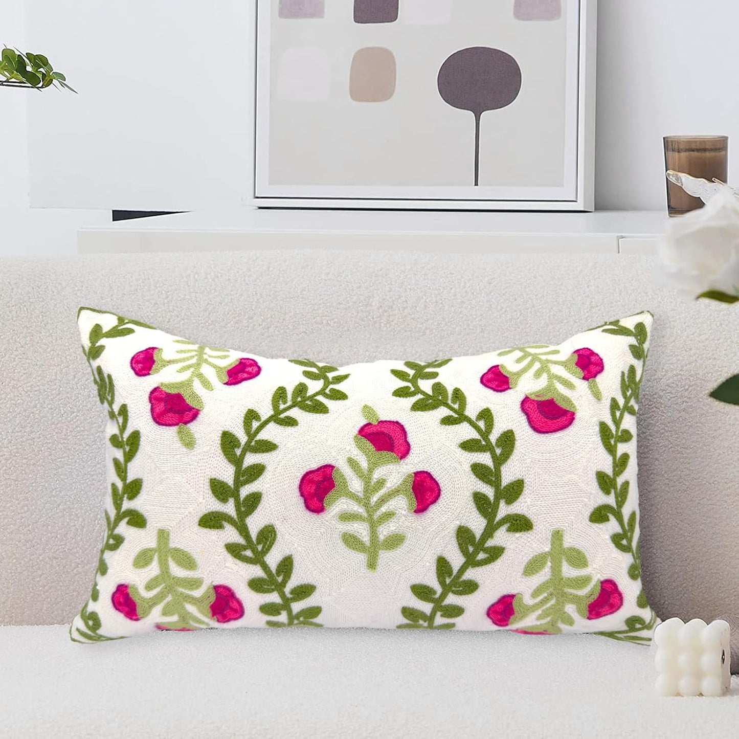 Alysheer Flower Embroidered Summer Decorative Lumbar Throw Pillow Cover 12"x 20", Farmhouse Cottage
