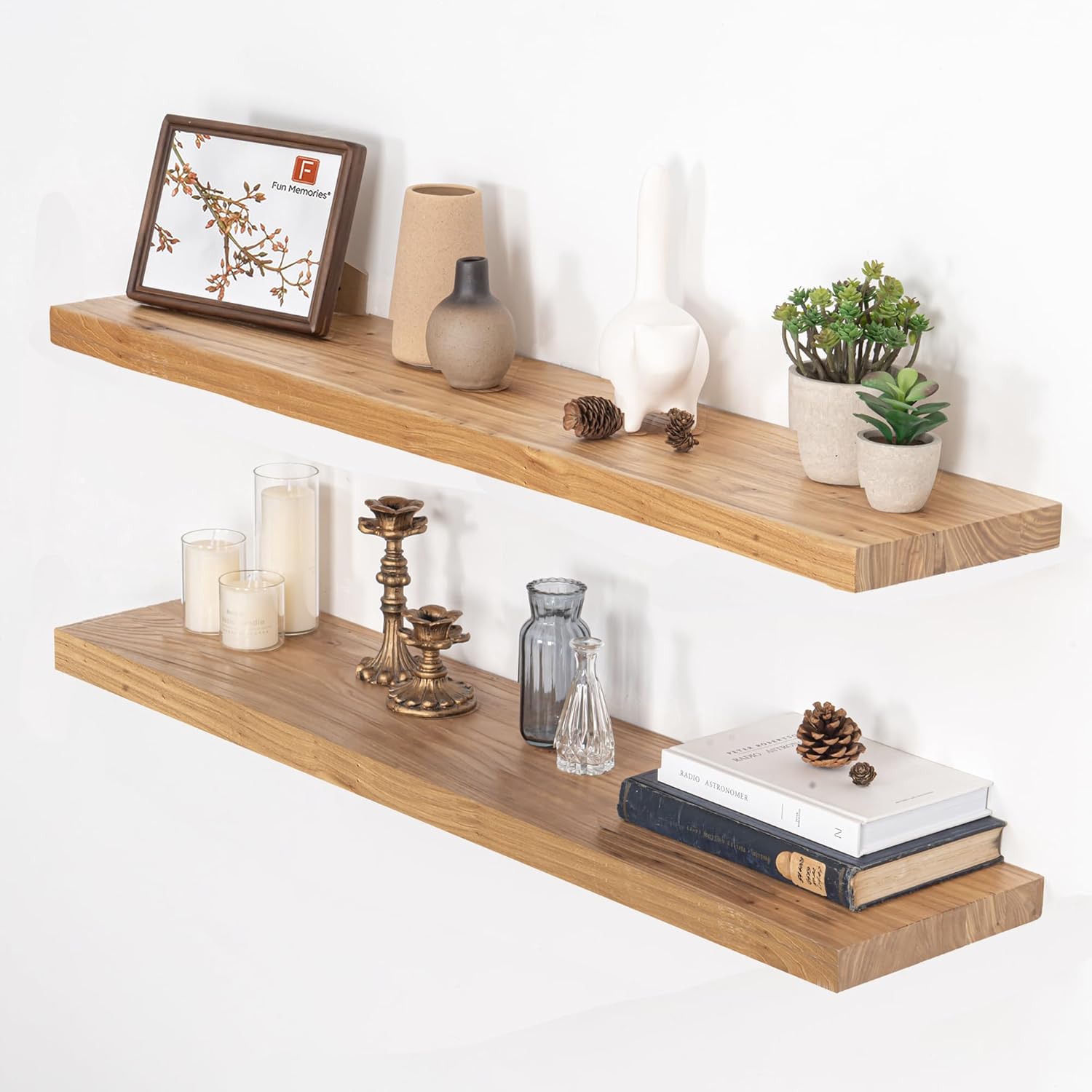 Floating Shelves for Wall, 40"W x 9.3"D x 1.5"H Rustic Solid Elm Wood Wall Shelves, Set of 2 with