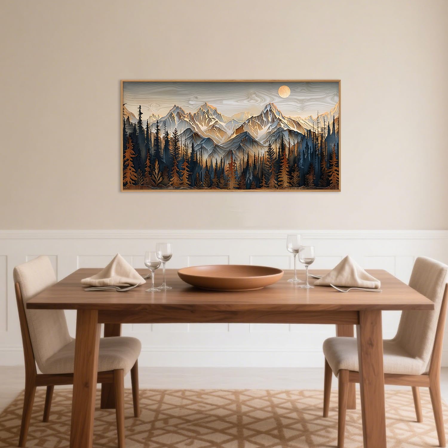 Celestdeco Wood Mountain Framed Canvas Wall Art Set, Pine Trees Wall Painting, Ridge Scenery Wall