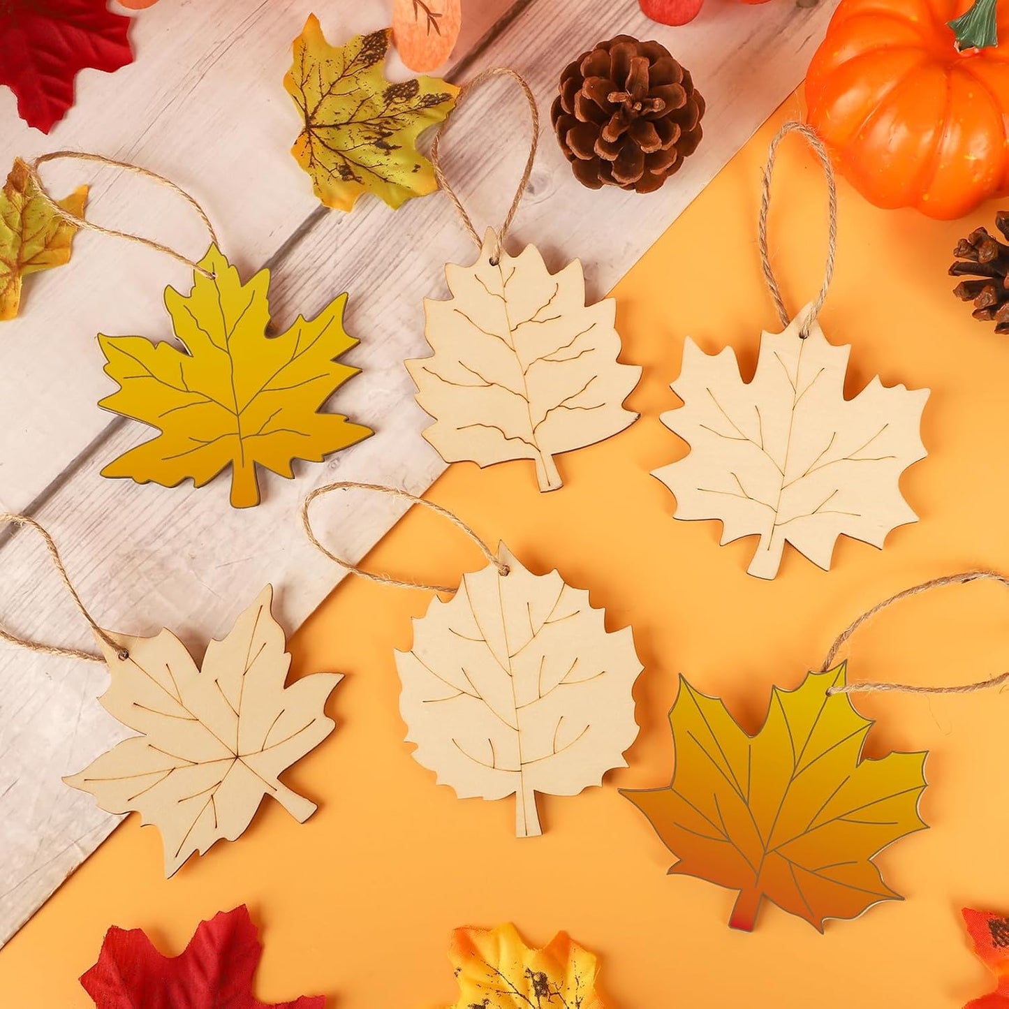 24 PCS Unfinished Wooden Fall Crafts, Maple Leaves Shaped Hanging Ornaments DIY Wood Craft Cutouts
