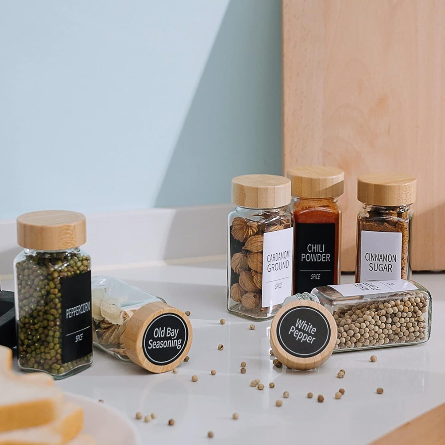 Churboro 24 Spice Jars with Labels & Bamboo Lids - 4 Oz Glass Containers with Shaker Lids, 547