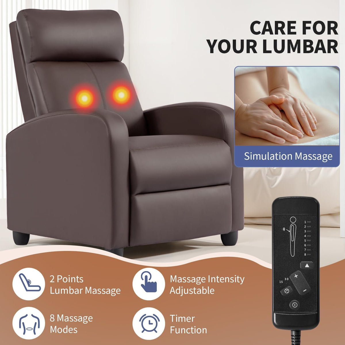 BestMassage | Recliner Chair | with 2 Point Massage Function | Leather Dark Brown | with Lumbar