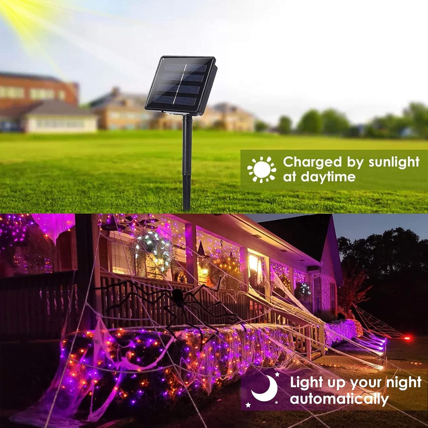 Purple and Orange Halloween Solar String Lights Outdoor, 2 Pack 80FT 200LED Solar Twinkle Lights