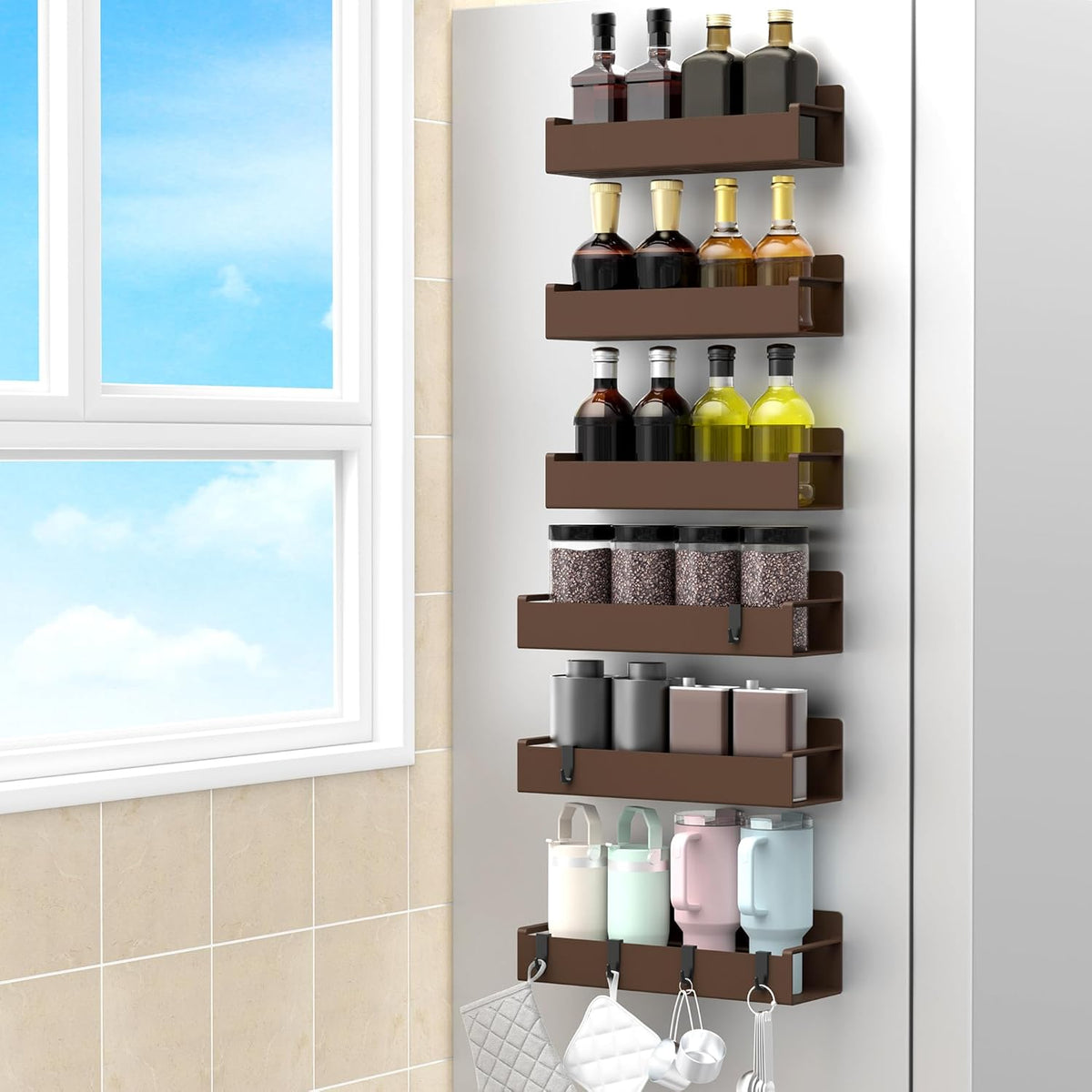 6 Pack Magnetic Spice Rack Organizer for Refrigerator and Oven, Brown Fridge Organizers and Storage