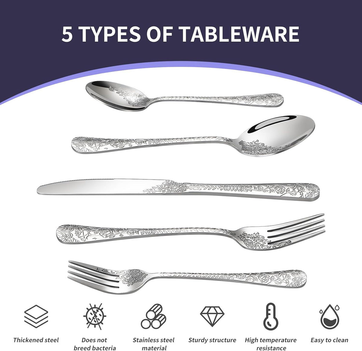 Floral 40 Pcs Silverware Set for 8, Food Grade Stainless Steel Flatware Set with Rose Flower