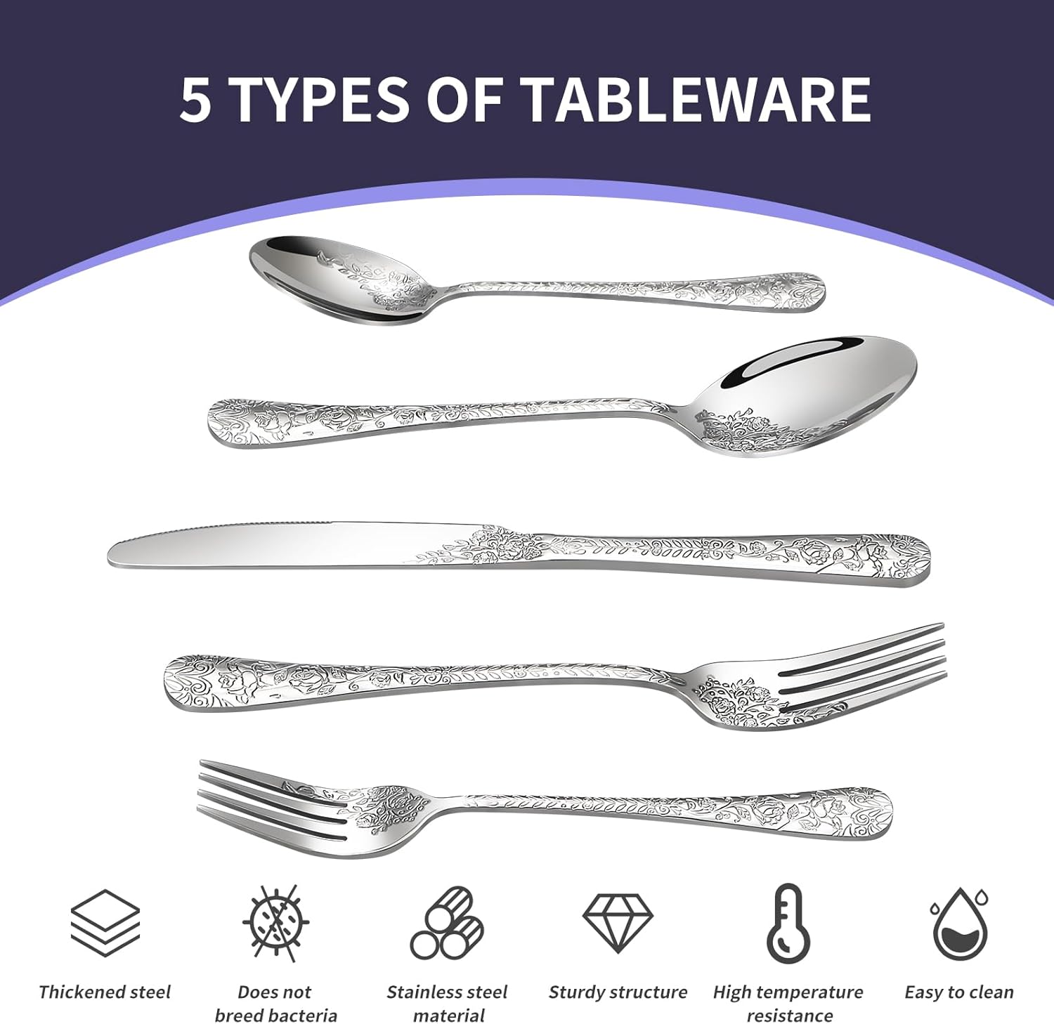 Floral 40 Pcs Silverware Set for 8, Food Grade Stainless Steel Flatware Set with Rose Flower